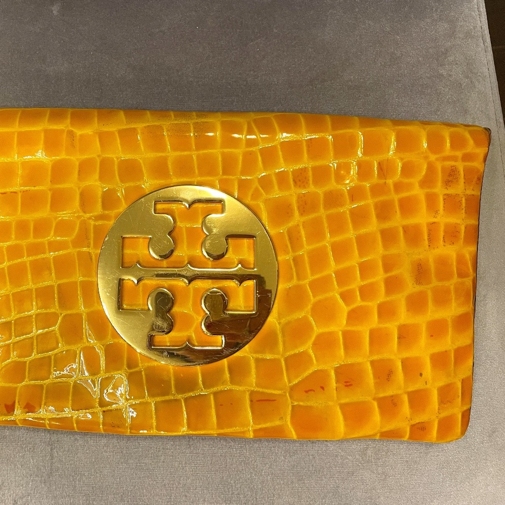 TORY BURCH Clutch Purse Yellow Croc Embossed Patent Leather